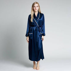 Classic Contrast Piping Silk Robe For Women 22 Momme Silk Bathrobe Silk Nightwear - avasilk