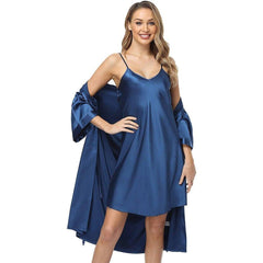 Womens Luxury Solid Silk Nightgown And Robe Set Half Sleeves 100% Silk Sleepwear Bathrobe With Nightgown - avasilk