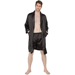 22MM Mulberry Silk Robe Set Mens Classic Silk Bathrobe And Shorts Sleepwear With White Piping - avasilk