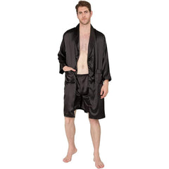 22MM Mulberry Silk Robe Set Mens Classic Silk Bathrobe And Shorts Sleepwear With White Piping - avasilk