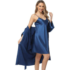 Womens Luxury Solid Silk Nightgown And Robe Set Half Sleeves 100% Silk Sleepwear Bathrobe With Nightgown - avasilk