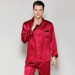 Classic Mens Silk Pajamas Set 100% Mulberry Silk Long Sleeves Nightwear Sleepwear - avasilk