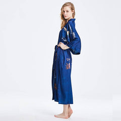 100% Mulberry Silk Kimono Robe Blue Floral Printed Luxury Silk Robe - avasilk