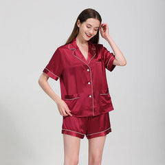 Classic Short Sleeves Silk Pyjamas Set 100% Pure Silk Shorts Sleepwear For Womens - avasilk