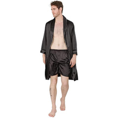 22MM Mulberry Silk Robe Set Mens Classic Silk Bathrobe And Shorts Sleepwear With White Piping - avasilk