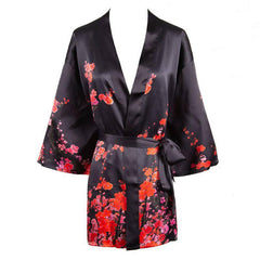 100% Mulberry Silk Kimono Robe Plum Blossom Printing Short Silk Robe - avasilk