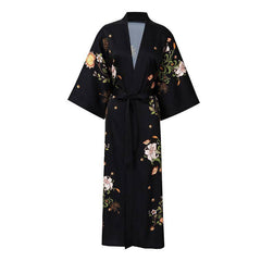 100% Mulberry Silk Kimono Robe Floral Printed Long Silk Robe - avasilk