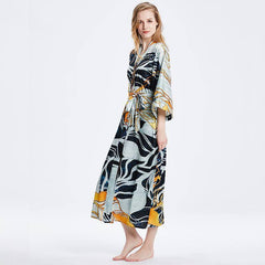100% Mulberry Silk Kimono Robe Grey Elegant Long Silk Robe - avasilk