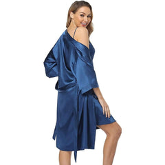 Womens Luxury Solid Silk Nightgown And Robe Set Half Sleeves 100% Silk Sleepwear Bathrobe With Nightgown - avasilk