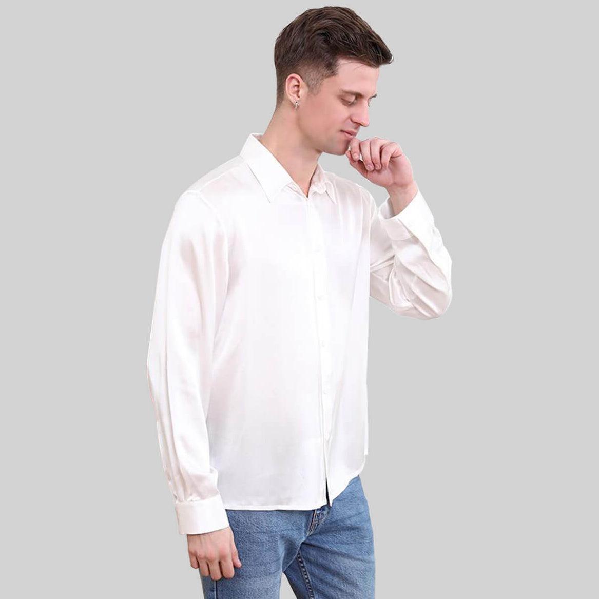 Classic Mens Silk Shirts Long Sleeves Hidden Button Business Silk