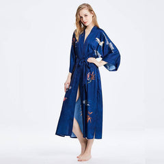 100% Mulberry Silk Kimono Robe Blue Floral Printed Luxury Silk Robe - avasilk