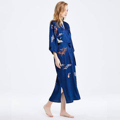 100% Mulberry Silk Kimono Robe Blue Floral Printed Luxury Silk Robe - avasilk