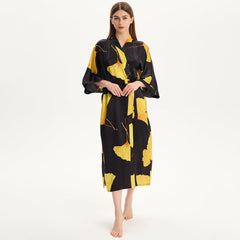 100% Mulberry Silk Kimono Robe Gold Ginkgo Leaf Silk Robe Long Sleeves Bathrobe - avasilk