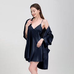 Elegant Solid Color Silk Nightgown And Robe Set For Women Silk Sleepwear Bathrobe With Nightdress - avasilk