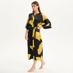 100% Mulberry Silk Kimono Robe Gold Ginkgo Leaf Silk Robe Long Sleeves Bathrobe - avasilk