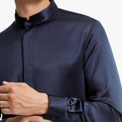Classic Long Sleeves Silk Shirts For Mens Stand Collar Hidden Button Silk Top - avasilk