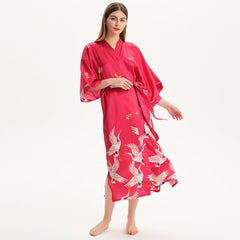 100% Pure Silk Kimono Robe For Women Long Sleeves Silk Robe White crane prints Bathrobe - avasilk