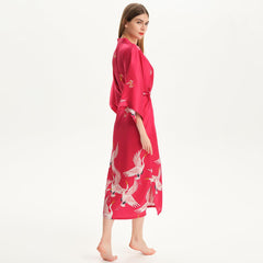 100% Pure Silk Kimono Robe For Women Long Sleeves Silk Robe White crane prints Bathrobe - avasilk