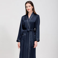 Luxury Classic Womens Silk Robe Full Longth Silk Sleepwear Bathrobe With Contrast piping - avasilk