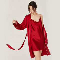 Classic Solid Silk Robe And Nightgown Set Long Sleeves 100% Silk Sleepwear Bathrobe For Women - avasilk