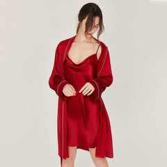 Classic Solid Silk Robe And Nightgown Set Long Sleeves 100% Silk Sleepwear Bathrobe For Women - avasilk