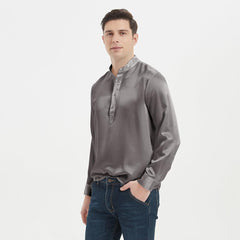 Classic Long Sleeves Mens Silk Shirts 100% Mulberry Silk Stand Collar Silk Top Pullover - avasilk