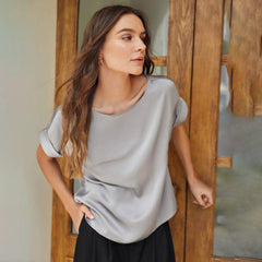 22 Momme Short Sleeves Womens Silk Blouse 100% Silk Top Short-Sleeves Silk Shirt - avasilk