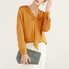 V Neck Womens Long Sleeves Silk Blouse 22 Momme Silk Top Long Sleeves Silk Shirt - avasilk