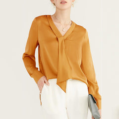 V Neck Womens Long Sleeves Silk Blouse 22 Momme Silk Top Long Sleeves Silk Shirt - avasilk